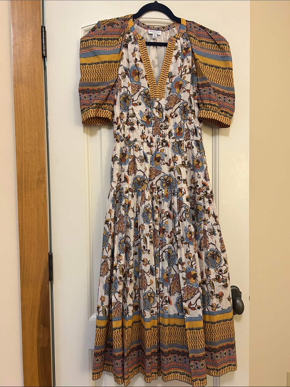 Current Air the Railyn Floral Tiered Midi Dress - White, Blue & Mustard